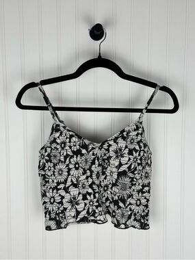American Eagle Floral Smocked Crop Cami Tank Top Black White Size S